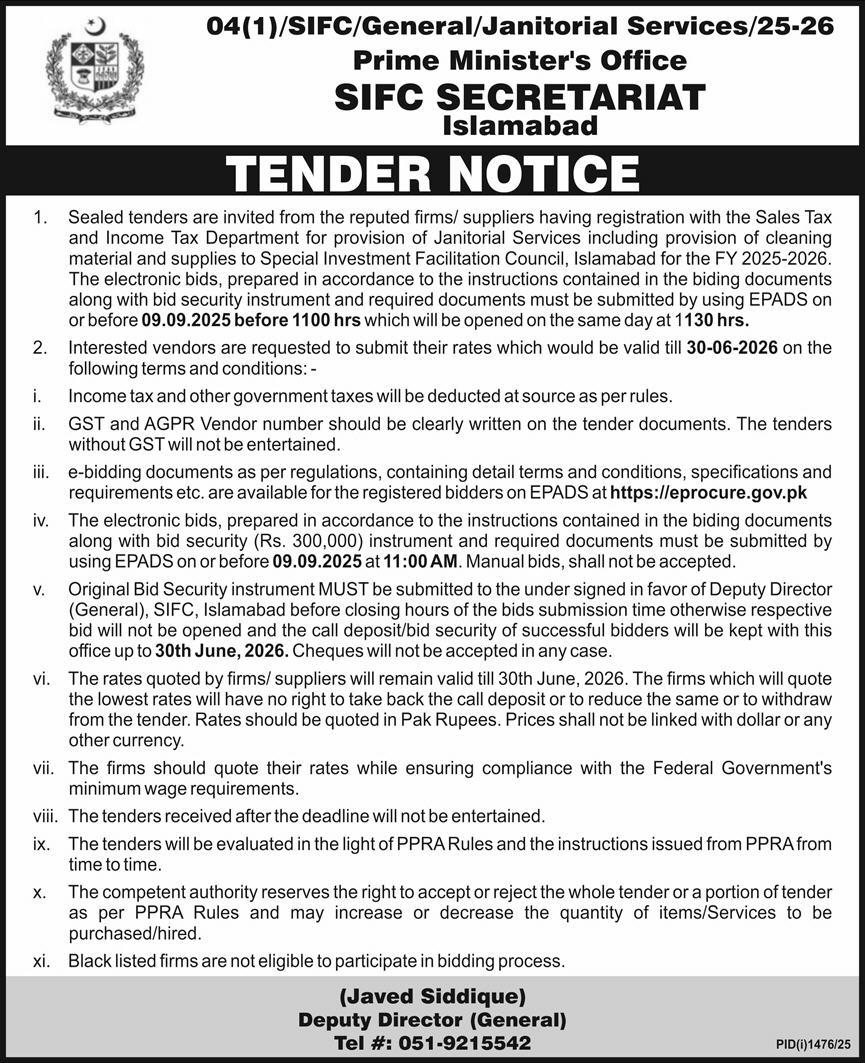 SIFC Secretariat Islamabad Tender Notice